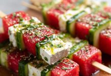 Watermelon–Cucumber–Feta Skewers with Tajín‑Lime Splash
