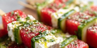 Watermelon–Cucumber–Feta Skewers with Tajín‑Lime Splash