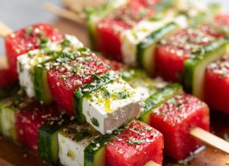 Watermelon–Cucumber–Feta Skewers with Tajín‑Lime Splash