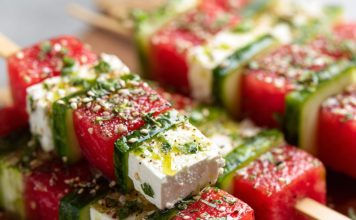 Watermelon–Cucumber–Feta Skewers with Tajín‑Lime Splash