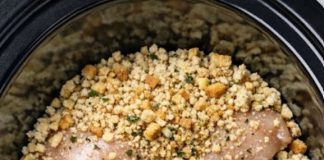 Put raw chicken into the crock with stuffing mix and dont stir