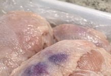 Thawed chicken breasts and noticed purple blotches under the skin. Safe to cook or throw out