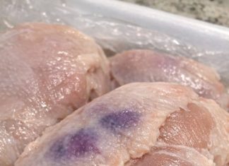 Thawed chicken breasts and noticed purple blotches under the skin. Safe to cook or throw out