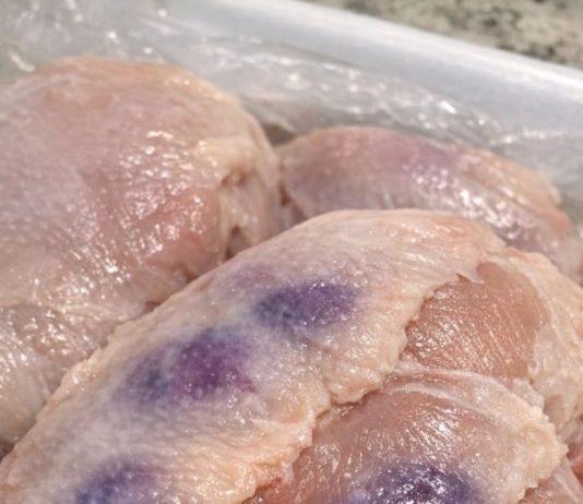 Thawed chicken breasts and noticed purple blotches under the skin. Safe to cook or throw out