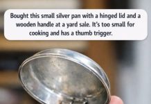 Bought this small silver pan with a hinged lid and a wooden handle at a yard sale. It’s too small for cooking and has a thumb trigger.