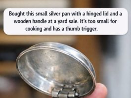 Bought this small silver pan with a hinged lid and a wooden handle at a yard sale. It’s too small for cooking and has a thumb trigger.