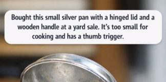Bought this small silver pan with a hinged lid and a wooden handle at a yard sale. It’s too small for cooking and has a thumb trigger.