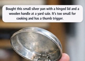 Bought this small silver pan with a hinged lid and a wooden handle at a yard sale. It’s too small for cooking and has a thumb trigger.