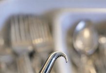 Small metal tool with a hooked, serrated end and a wooden handle. Found it mixed in with old silverware. Too sharp to be a spoon, too curved for a knife.