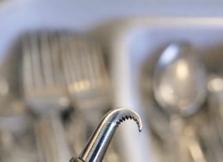 Small metal tool with a hooked, serrated end and a wooden handle. Found it mixed in with old silverware. Too sharp to be a spoon, too curved for a knife.