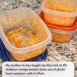 My mother-in-law taught me this trick to lift stubborn orange tomato stains out of plastic food containers with 0 effort. Here’s how it works
