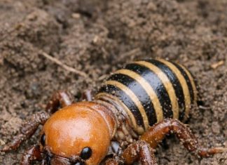 Dug up this massive, alien-looking bug while turning the soil. It has a huge bald head, thick legs, and a striped abdomen. It looks terrifying. What is it?