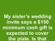 My sister sent out wedding invites with a note saying a minimum cash gift of $150 is expected to cover the cost of our plate. Is it acceptable to mandate a specific gift amount?