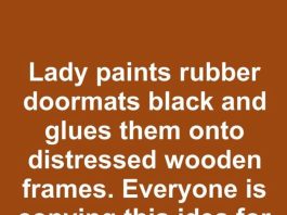 Lady paints rubber doormats black and glues them onto distressed wooden frames. Everyone is copying this idea for their patio.