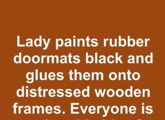 Lady paints rubber doormats black and glues them onto distressed wooden frames. Everyone is copying this idea for their patio.