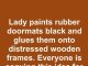 Lady paints rubber doormats black and glues them onto distressed wooden frames. Everyone is copying this idea for their patio.