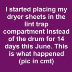 I started placing my dryer sheets in the lint trap compartment instead of the drum for 14 days this June. This is what happened
