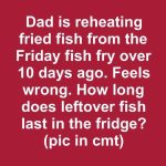 Dad is reheating fried fish from the Friday fish fry over 10 days ago. Feels wrong. How long does leftover fish last in the fridge?