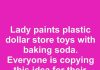 Lady paints plastic dollar store toys with baking soda. Everyone is copying this idea for their front porch.