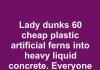 Lady dunks 60 cheap plastic artificial ferns into heavy liquid concrete. Everyone is copying this idea for their front yard!