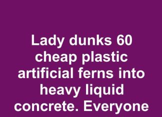 Lady dunks 60 cheap plastic artificial ferns into heavy liquid concrete. Everyone is copying this idea for their front yard!
