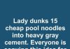 Lady dunks 15 cheap pool noodles into heavy gray cement. Everyone is copying this idea for their patio!