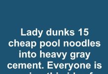 Lady dunks 15 cheap pool noodles into heavy gray cement. Everyone is copying this idea for their patio!