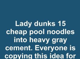 Lady dunks 15 cheap pool noodles into heavy gray cement. Everyone is copying this idea for their patio!