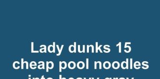 Lady dunks 15 cheap pool noodles into heavy gray cement. Everyone is copying this idea for their patio!