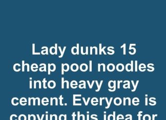 Lady dunks 15 cheap pool noodles into heavy gray cement. Everyone is copying this idea for their patio!