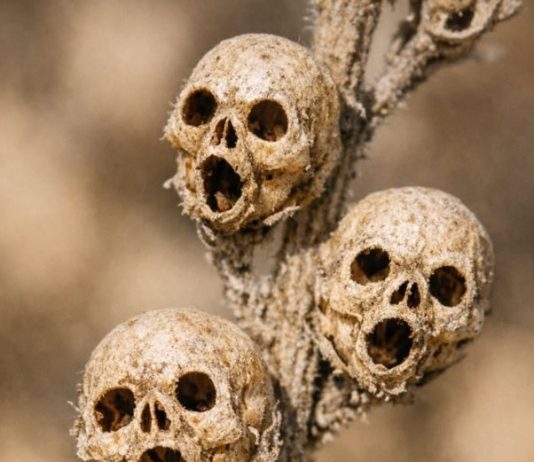 Cleaning out the flower beds and found these tiny dried things on a dead stalk. They look exactly like little brown skulls. Is this real or some kind of weird mutation?