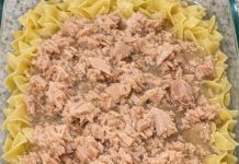 Dump undrained canned tuna and raw uncooked egg noodles in the glass casserole dish and 2 other simple ingredients to bake up a dinner so incredibly delicious your entire family will be begging for