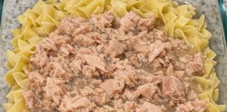 Dump undrained canned tuna and raw uncooked egg noodles in the glass casserole dish and 2 other simple ingredients to bake up a dinner so incredibly delicious your entire family will be begging for
