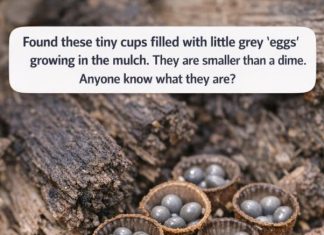 Found these tiny cups filled with little grey ‘eggs’ growing in the mulch. They are smaller than a dime. Anyone know what they are?