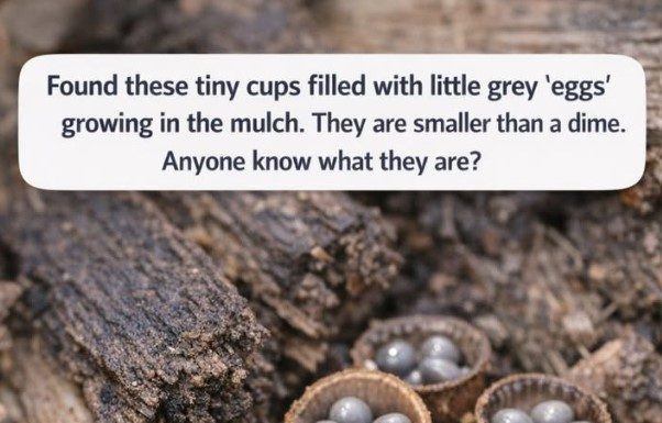 Found these tiny cups filled with little grey ‘eggs’ growing in the mulch. They are smaller than a dime. Anyone know what they are?