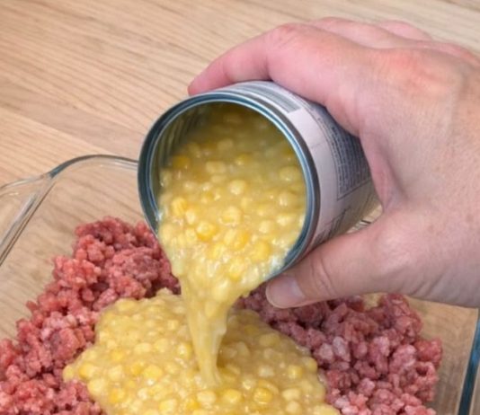 Pour Canned Creamed Corn Over Raw Crumbled Ground Beef, Combined With 3 Ingredients, Into a Glass Baking Dish for a Hearty Dinner That’s My Default