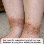My grandmother keeps getting this rusty brown, scaly discoloration wrapping around her lower legs and ankles. The nurse line is busy. Is this serious?