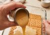 Pour sweetened condensed milk over whole unbroken graham cracker sheets in the clear glass 9×13 baking dish with 3 other pantry staples for a dessert so good your family will beg for it weekly