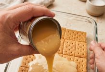 Pour sweetened condensed milk over whole unbroken graham cracker sheets in the clear glass 9×13 baking dish with 3 other pantry staples for a dessert so good your family will beg for it weekly