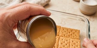 Pour sweetened condensed milk over whole unbroken graham cracker sheets in the clear glass 9×13 baking dish with 3 other pantry staples for a dessert so good your family will beg for it weekly