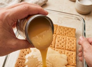 Pour sweetened condensed milk over whole unbroken graham cracker sheets in the clear glass 9×13 baking dish with 3 other pantry staples for a dessert so good your family will beg for it weekly