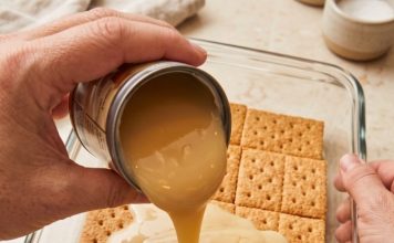 Pour sweetened condensed milk over whole unbroken graham cracker sheets in the clear glass 9×13 baking dish with 3 other pantry staples for a dessert so good your family will beg for it weekly