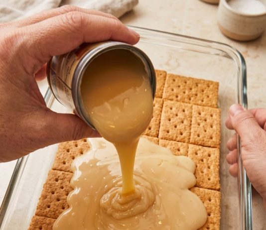 Pour sweetened condensed milk over whole unbroken graham cracker sheets in the clear glass 9×13 baking dish with 3 other pantry staples for a dessert so good your family will beg for it weekly