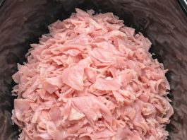 Toss a pile of shaved deli ham in the slow cooker with 3 other ingredients and get a meal so delicious your family will be begging for more.