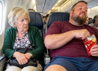 A man spread his legs into my airplane seat for hours, refusing to give me any space. But when he came back from the restroom, he stared at his seat and screamed, “What the hell did you do?!”