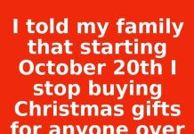 I told my family that starting October 20th I stop buying Christmas gifts for anyone over 18, grandkids only. This is what happened